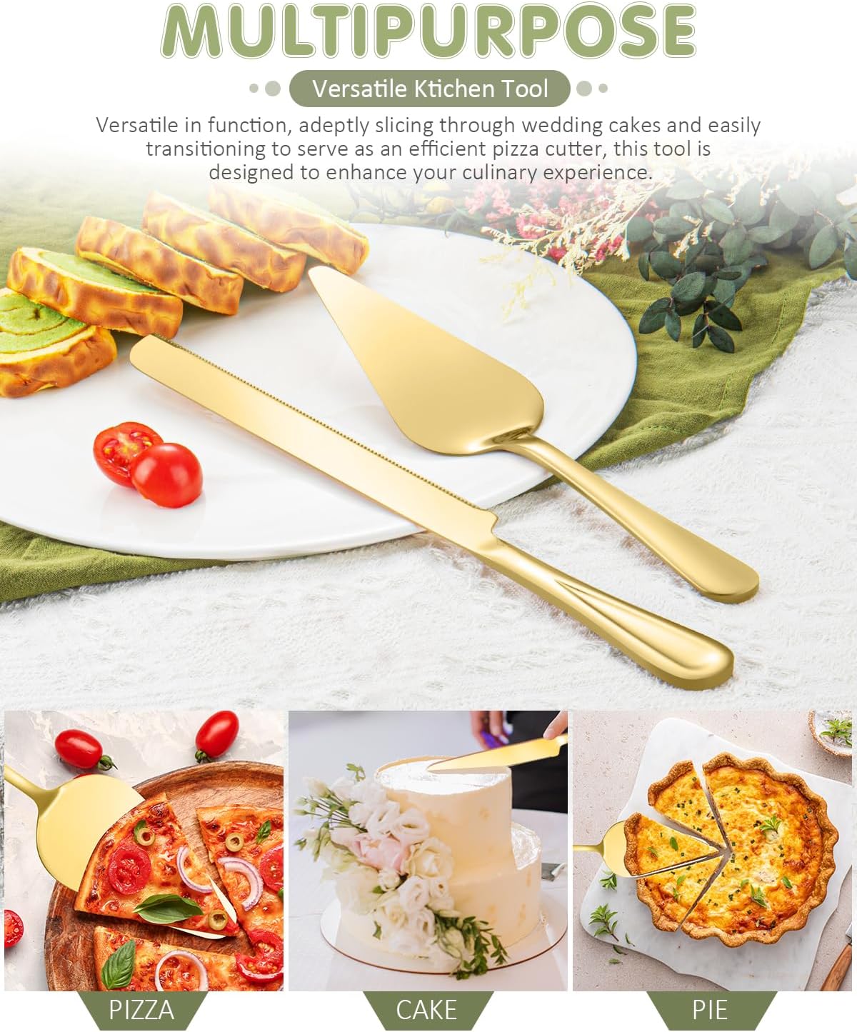 13-Inch Premium Cake Cutting Set for wedding，Exquisite Cake Knife and Server Set with Serrated Design, Ideal for Pastries, Pies, and Desserts (Gold)