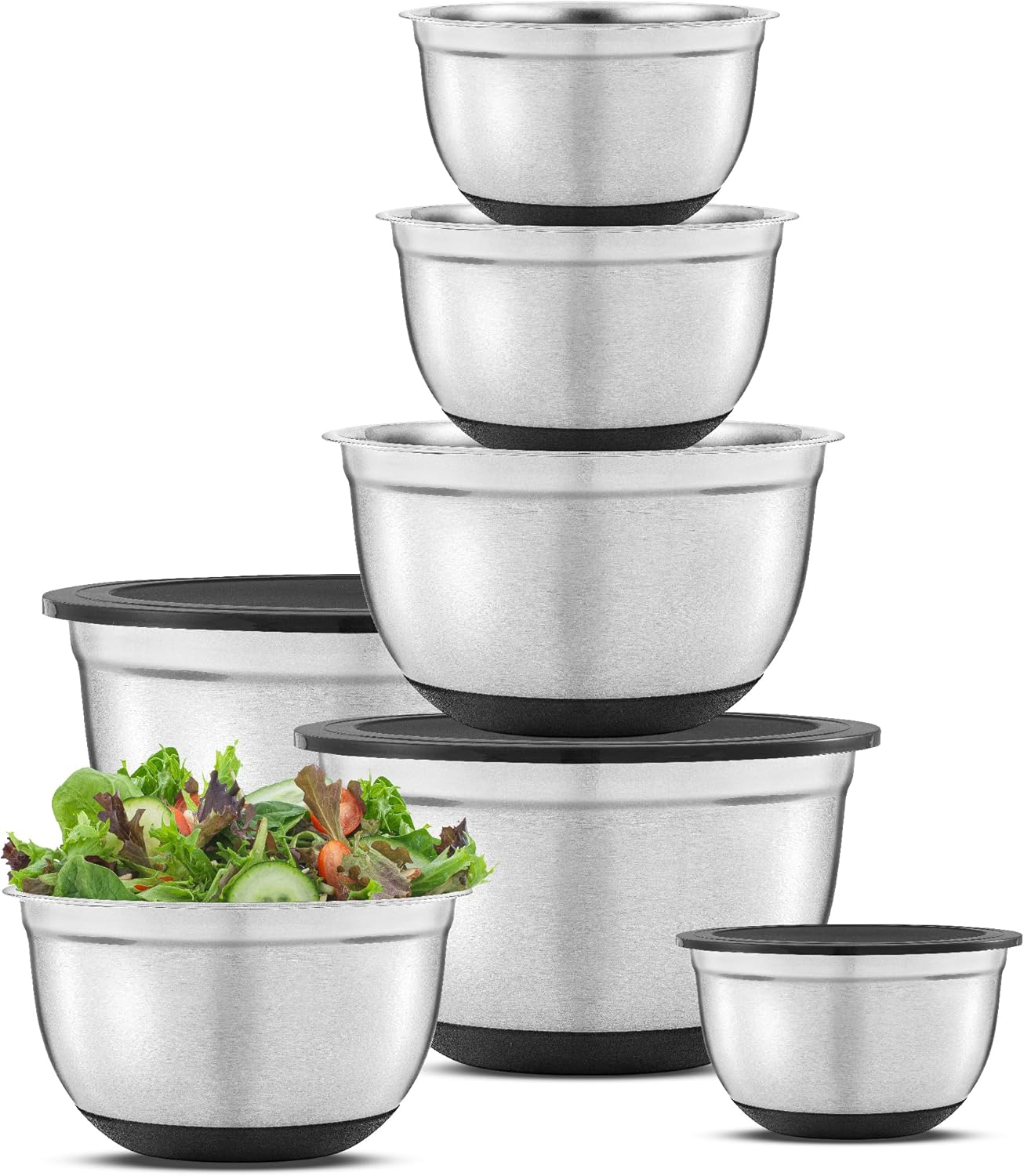 Stainless Steel Mixing Bowls with Airtight Lids, 7 Piece Nesting Bowls Set for Kitchen with Measurement Marks, Non-Slip Bottoms, Cooking, Baking, Prepping, Storage, 7/5/4/3/1.5/1/.75QT, Black