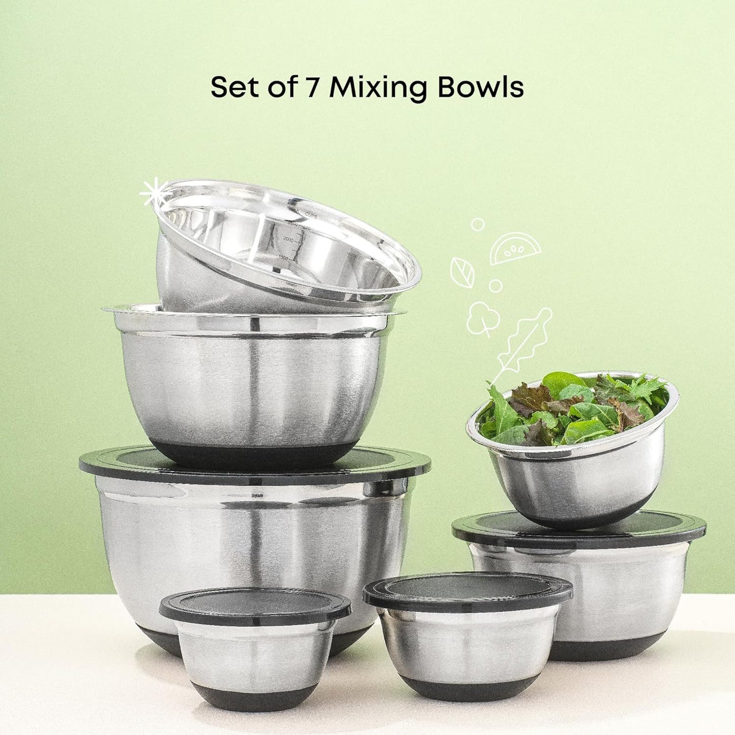 Stainless Steel Mixing Bowls with Airtight Lids, 7 Piece Nesting Bowls Set for Kitchen with Measurement Marks, Non-Slip Bottoms, Cooking, Baking, Prepping, Storage, 7/5/4/3/1.5/1/.75QT, Black