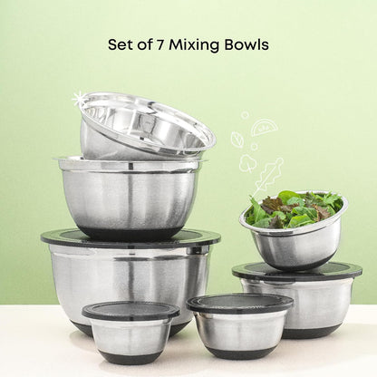 Stainless Steel Mixing Bowls with Airtight Lids, 7 Piece Nesting Bowls Set for Kitchen with Measurement Marks, Non-Slip Bottoms, Cooking, Baking, Prepping, Storage, 7/5/4/3/1.5/1/.75QT, Black