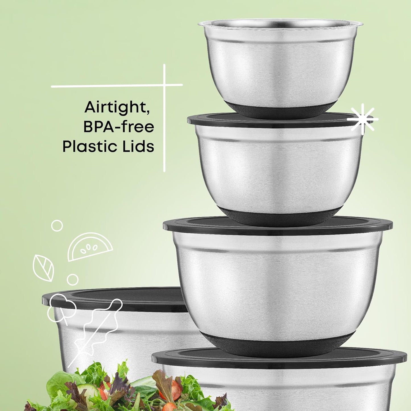 Stainless Steel Mixing Bowls with Airtight Lids, 7 Piece Nesting Bowls Set for Kitchen with Measurement Marks, Non-Slip Bottoms, Cooking, Baking, Prepping, Storage, 7/5/4/3/1.5/1/.75QT, Black