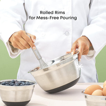 Stainless Steel Mixing Bowls with Airtight Lids, 7 Piece Nesting Bowls Set for Kitchen with Measurement Marks, Non-Slip Bottoms, Cooking, Baking, Prepping, Storage, 7/5/4/3/1.5/1/.75QT, Black