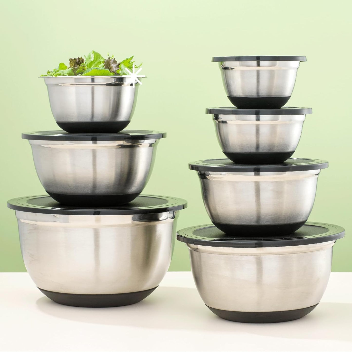 Stainless Steel Mixing Bowls with Airtight Lids, 7 Piece Nesting Bowls Set for Kitchen with Measurement Marks, Non-Slip Bottoms, Cooking, Baking, Prepping, Storage, 7/5/4/3/1.5/1/.75QT, Black