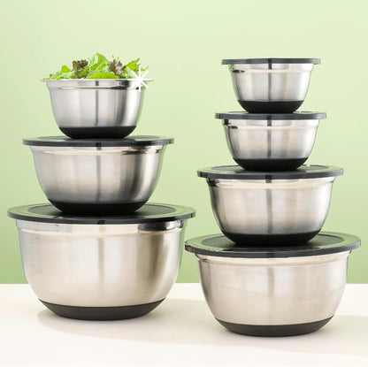 Stainless Steel Mixing Bowls with Airtight Lids, 7 Piece Nesting Bowls Set for Kitchen with Measurement Marks, Non-Slip Bottoms, Cooking, Baking, Prepping, Storage, 7/5/4/3/1.5/1/.75QT, Black
