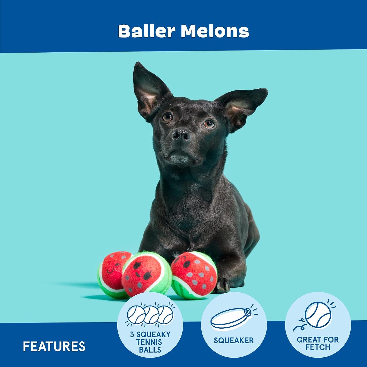Barkbox Baller Melons Squeaky Tennis Balls for Dogs | Trio of Watermelon-Themed Fetch Balls with Squeakers | for Extra Small to Medium Dogs