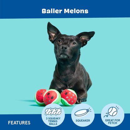 Barkbox Baller Melons Squeaky Tennis Balls for Dogs | Trio of Watermelon-Themed Fetch Balls with Squeakers | for Extra Small to Medium Dogs