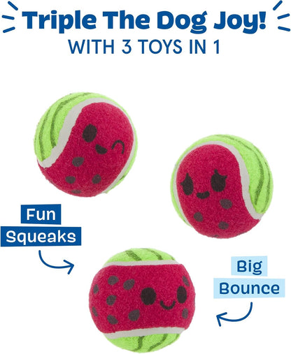 Barkbox Baller Melons Squeaky Tennis Balls for Dogs | Trio of Watermelon-Themed Fetch Balls with Squeakers | for Extra Small to Medium Dogs