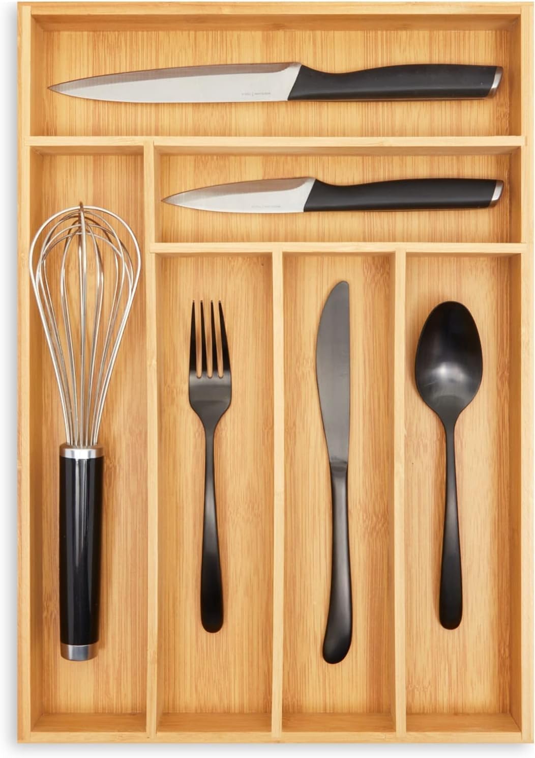 Kitchen Drawer Organizer Tray - 17 x 11.75 x 1.75 in, Natural Wood, 6-Slot Utensil & Cutlery Organizer - Silverware Holder & Storage Tray
