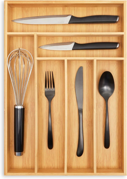Kitchen Drawer Organizer Tray - 17 x 11.75 x 1.75 in, Natural Wood, 6-Slot Utensil & Cutlery Organizer - Silverware Holder & Storage Tray