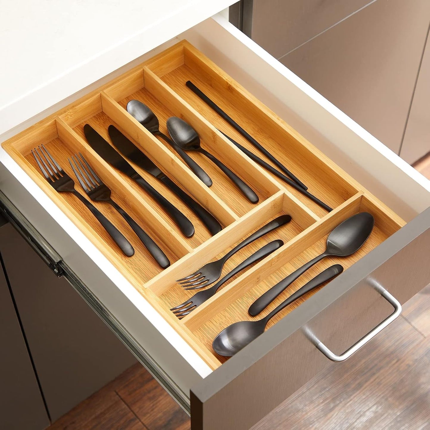 Kitchen Drawer Organizer Tray - 17 x 11.75 x 1.75 in, Natural Wood, 6-Slot Utensil & Cutlery Organizer - Silverware Holder & Storage Tray