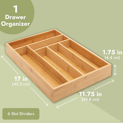 Kitchen Drawer Organizer Tray - 17 x 11.75 x 1.75 in, Natural Wood, 6-Slot Utensil & Cutlery Organizer - Silverware Holder & Storage Tray