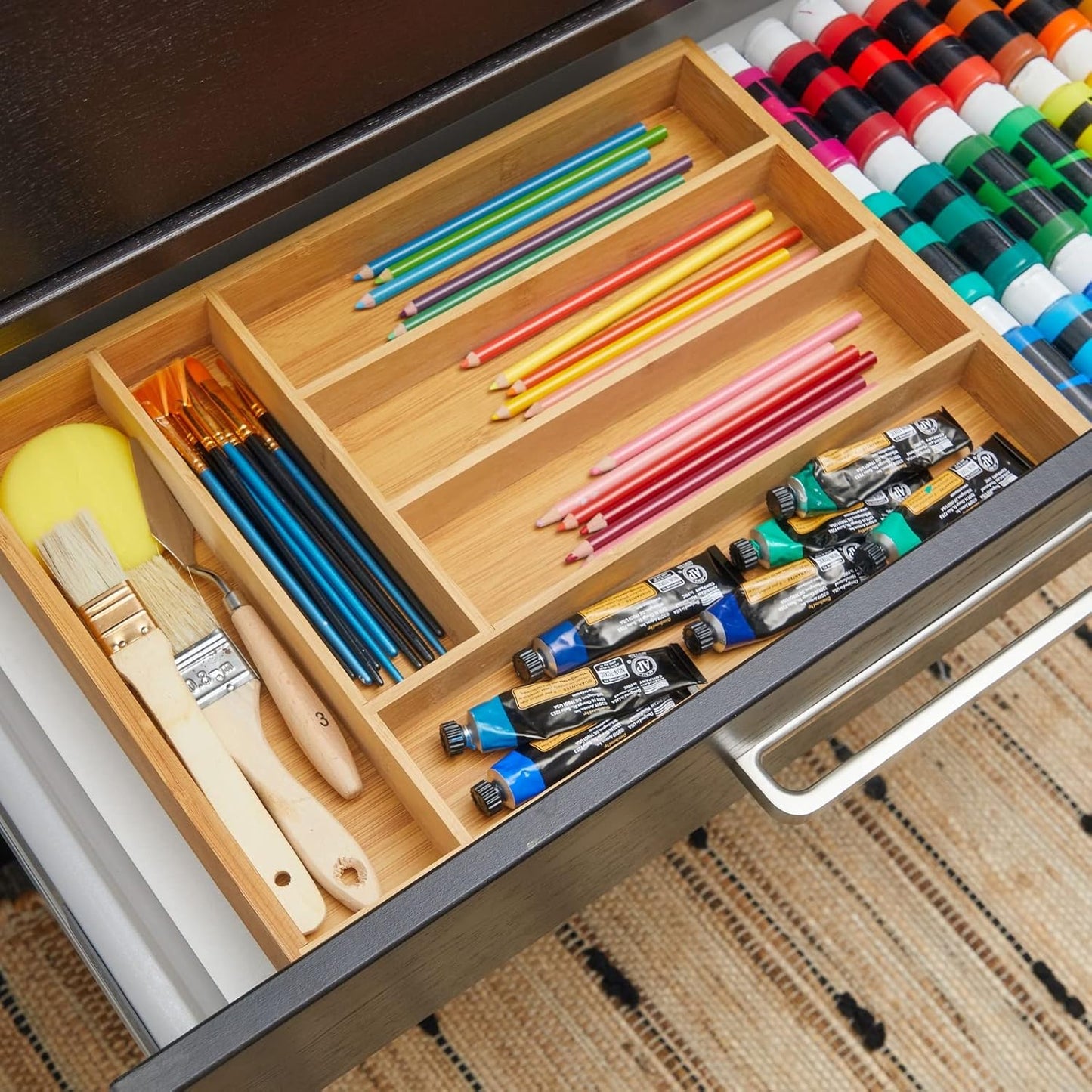 Kitchen Drawer Organizer Tray - 17 x 11.75 x 1.75 in, Natural Wood, 6-Slot Utensil & Cutlery Organizer - Silverware Holder & Storage Tray