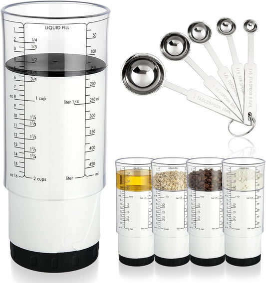 6 Pcs Adjustable Measuring Cup Set 1 Measure Cup 5 Measure Spoon | Kitchen Measuring Baking Tool, 2 Cup Measuring Cup for Peanut Butter, Liquid, Dry, Semi Solid Ingredient, Home Cooking Gadget