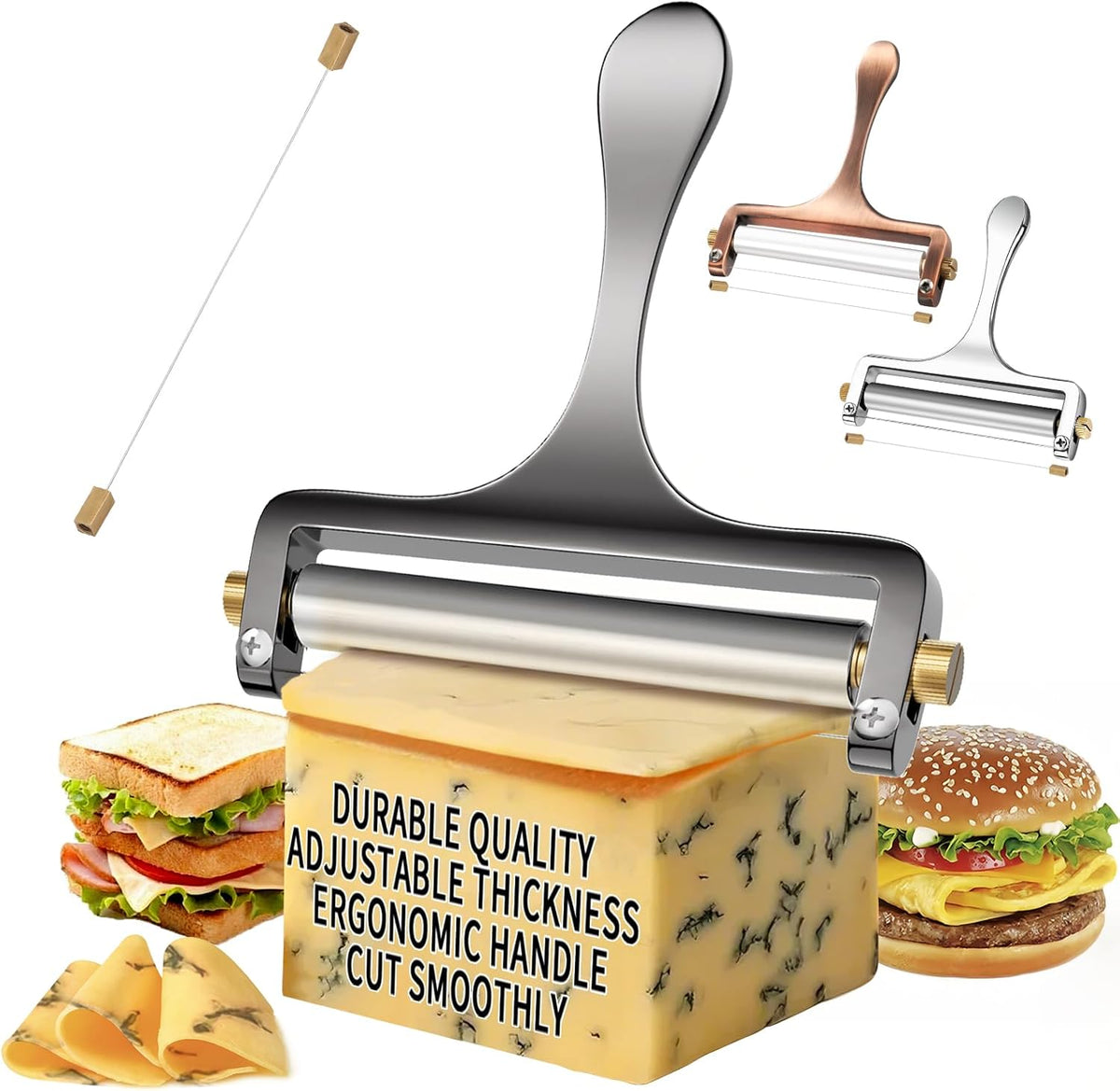 Wire Cheese Slicer Handheld Cutter with 1 Extra Wire, Silver