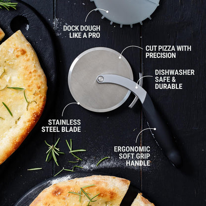 Pizza Cutter Wheel and Dough Docker | Cutter With Wheel Slicer Sharp Stainless Steel Blade, Ergonomic Handle | 2-in-1 Pizza Slicer & Dough Docking Tool | Non-Slip Handle | Dishwasher Safe