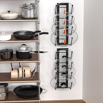 Cisily 8 Layers of Adjustable Pot Lid Organizer Rack for Cabinet Door/Wall，2Pack Lid Organizer Pots and Pans Holder for Kitchen Storage with No Drilling Adhesive 5.7 W“(Black)