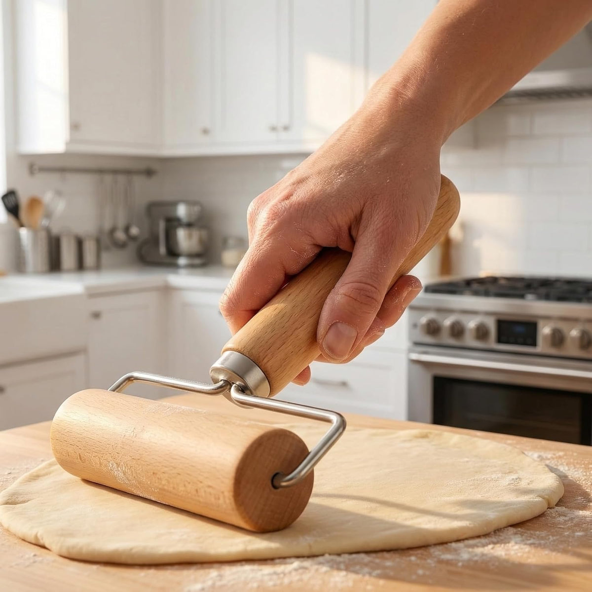 Large T-Shaped Rolling Pin, Wooden Dough Roller with Stainless Steel Frame, Smooth Pastry Roller for Pizza, Cookies, Pie Crust and Baking