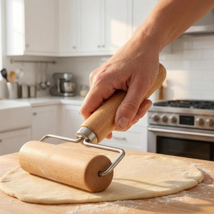 Large T-Shaped Rolling Pin, Wooden Dough Roller with Stainless Steel Frame, Smooth Pastry Roller for Pizza, Cookies, Pie Crust and Baking