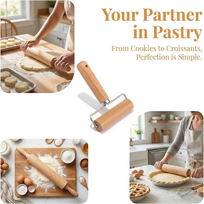 Large T-Shaped Rolling Pin, Wooden Dough Roller with Stainless Steel Frame, Smooth Pastry Roller for Pizza, Cookies, Pie Crust and Baking