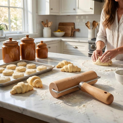 Large T-Shaped Rolling Pin, Wooden Dough Roller with Stainless Steel Frame, Smooth Pastry Roller for Pizza, Cookies, Pie Crust and Baking