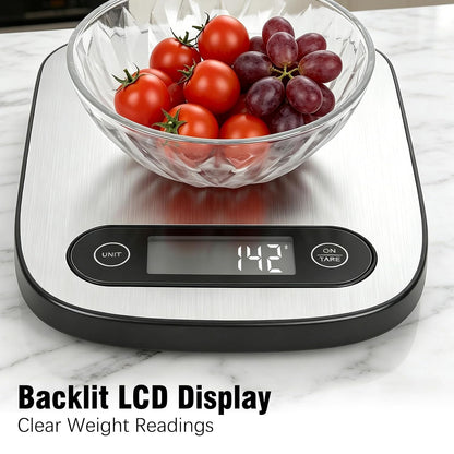 Food Scale, 11lb Kitchen Scale with 6 Units Tare Function & Backlit LCD, Precise 1g Stainless Steel Digital Scale, Hanging Design for Baking, Cooking, Healthy Eating and Meal Prep (Batteries Included)