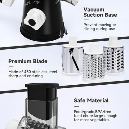 Cheese Grater Hand Crank Rotary, 3 Blades with Strong Suction Base