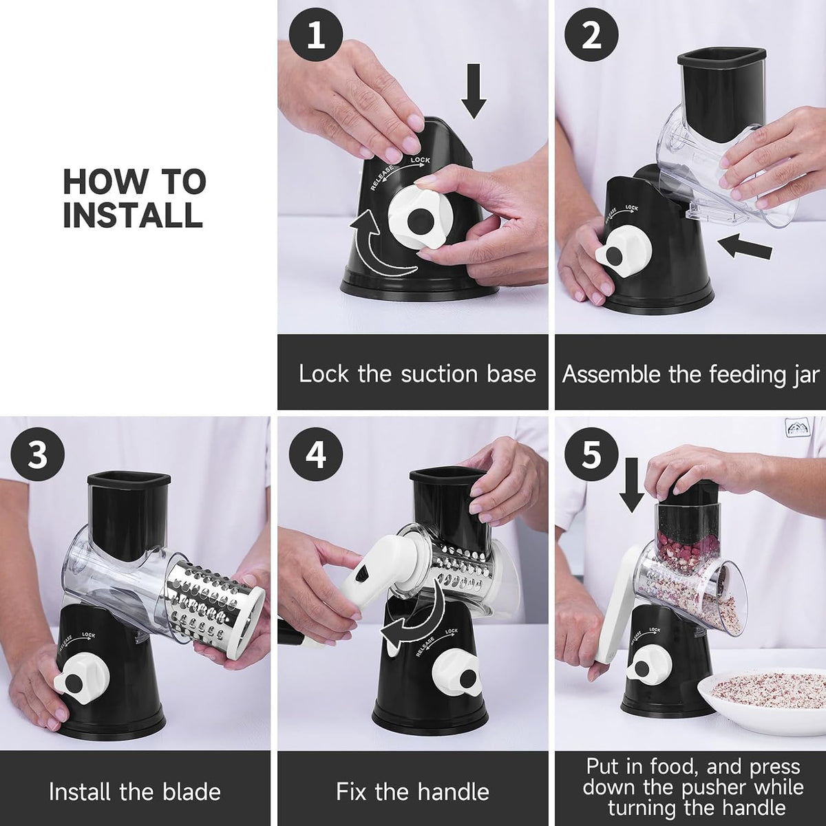 Cheese Grater Hand Crank Rotary, 3 Blades with Strong Suction Base
