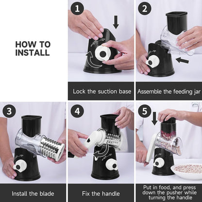 Cheese Grater Hand Crank Rotary, 3 Blades with Strong Suction Base