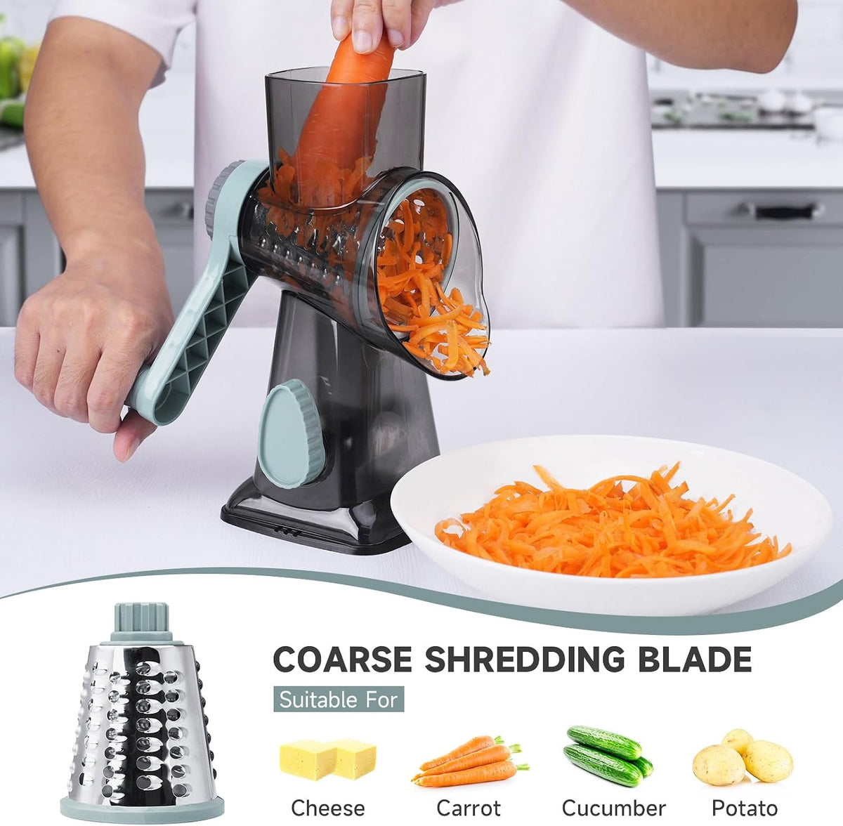 Cheese Grater Hand Crank Rotary, 3 Blades with Strong Suction Base