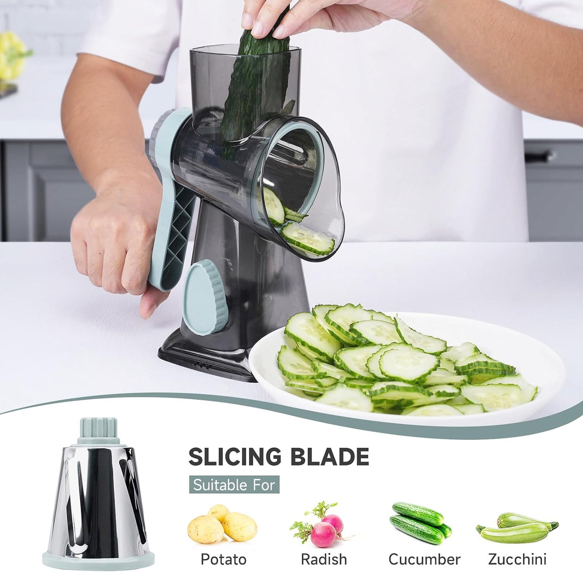 Cheese Grater Hand Crank Rotary, 3 Blades with Strong Suction Base
