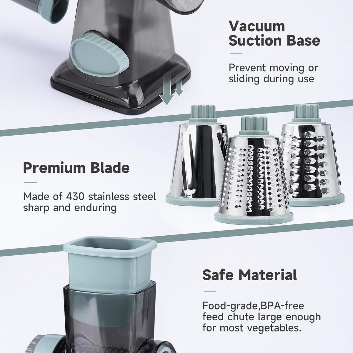 Cheese Grater Hand Crank Rotary, 3 Blades with Strong Suction Base