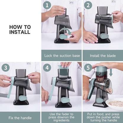 Cheese Grater Hand Crank Rotary, 3 Blades with Strong Suction Base