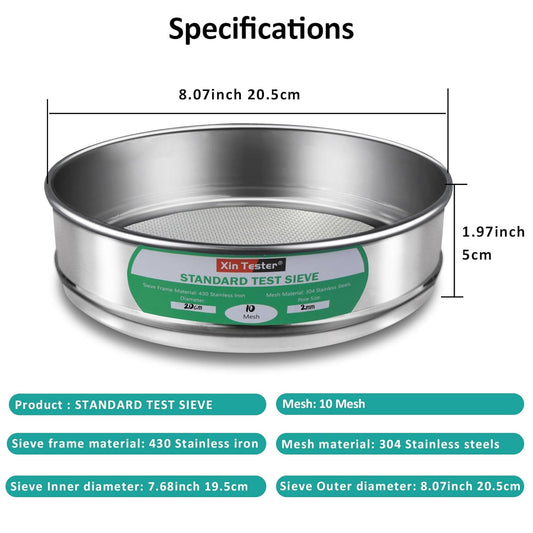 10 mesh Standard Mesh Lab Sieves Laboratory Sample Test Analysis Sieve Dia 7.88 Inches