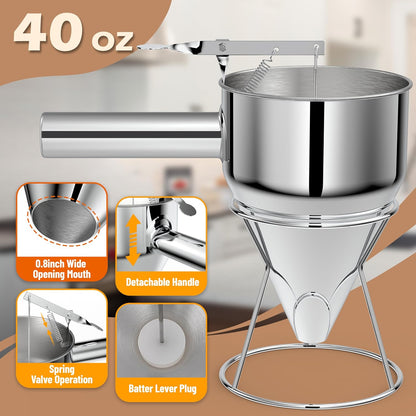 Pancake Batter Dispenser, Pancake Dispenser with 0.8" Large Spout, Easy-Pour Cake Batter Funnel for Thick Mix with Fruits or Chocolate Chips, Stainless Steel Funnel for Home and Kitchen