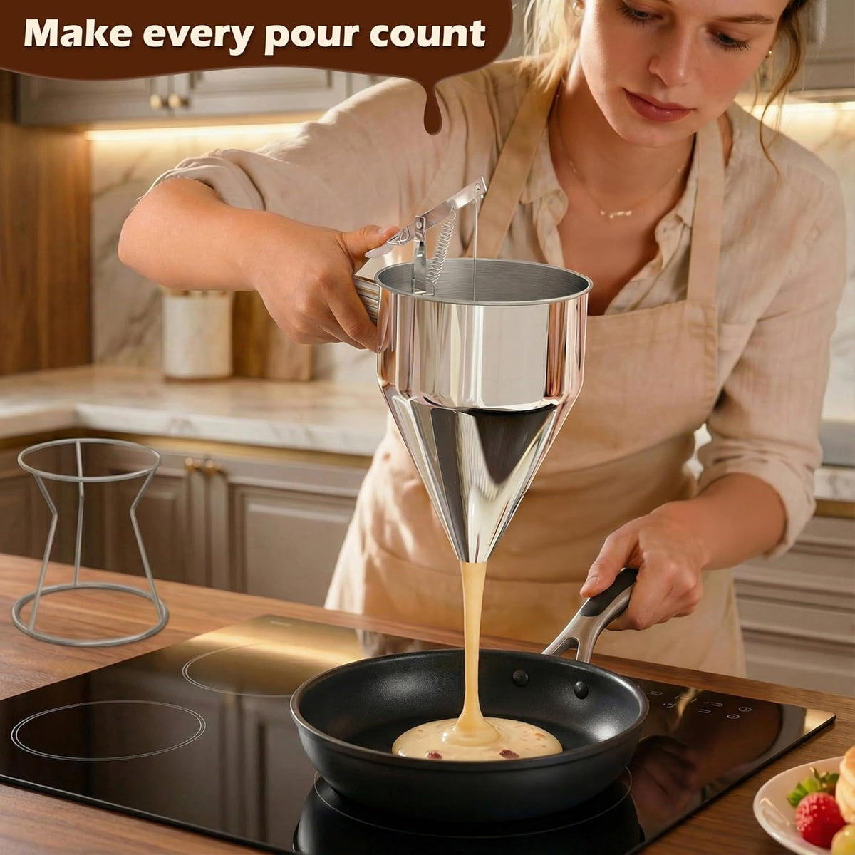 Pancake Batter Dispenser, Pancake Dispenser with 0.8" Large Spout, Easy-Pour Cake Batter Funnel for Thick Mix with Fruits or Chocolate Chips, Stainless Steel Funnel for Home and Kitchen