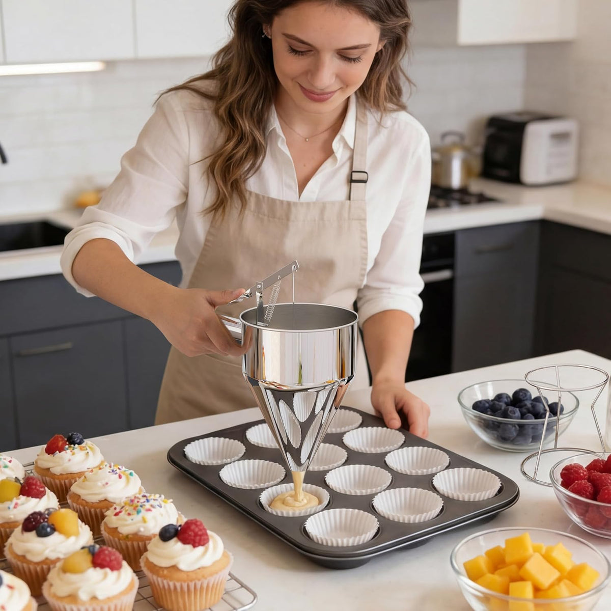 Pancake Batter Dispenser, Pancake Dispenser with 0.8" Large Spout, Easy-Pour Cake Batter Funnel for Thick Mix with Fruits or Chocolate Chips, Stainless Steel Funnel for Home and Kitchen