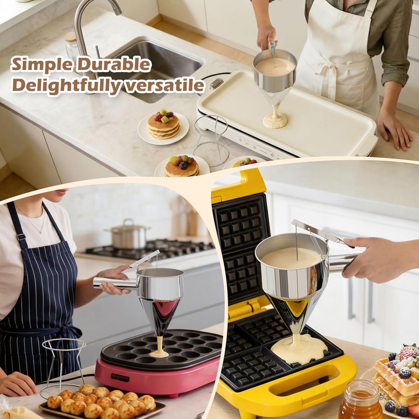 Pancake Batter Dispenser, Pancake Dispenser with 0.8" Large Spout, Easy-Pour Cake Batter Funnel for Thick Mix with Fruits or Chocolate Chips, Stainless Steel Funnel for Home and Kitchen