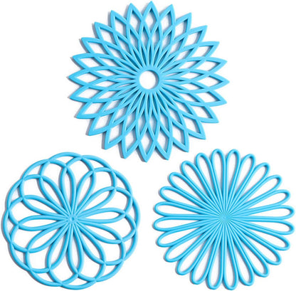 Set of 3 Silicone Trivet Mat - Non-Slip & Heat Resistant Modern Kitchen Hot Pads for Table & Countertop - Trivet for Hot Dishes, Turquoise