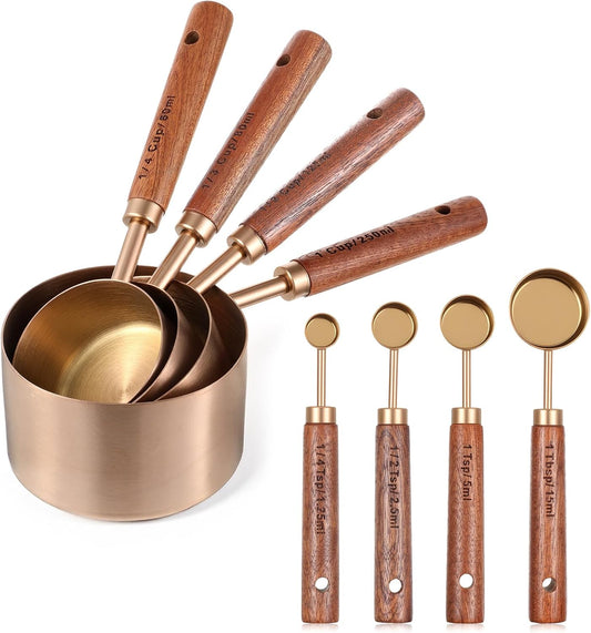 8 PCS Copper Measuring Cups and Spoons Set, Stainless Steel Measuring Cups and Spoons Set with Wooden Handle and Metric US Measurements for Dry Liquid for Baking Kitchen Food Liquid