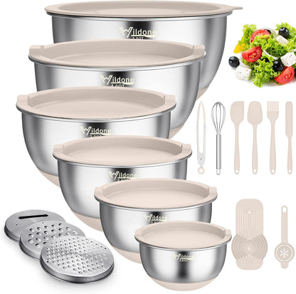 Mixing Bowls with Airtight Lids, Stainless Steel Mixing Bowls Set | Metal Bowls with 3 Grater Attachments & Non-Slip Bottoms, Size 5, 4, 3, 2,1.5, 0.63QT, Includes Utensil Set for Prep, Khaki