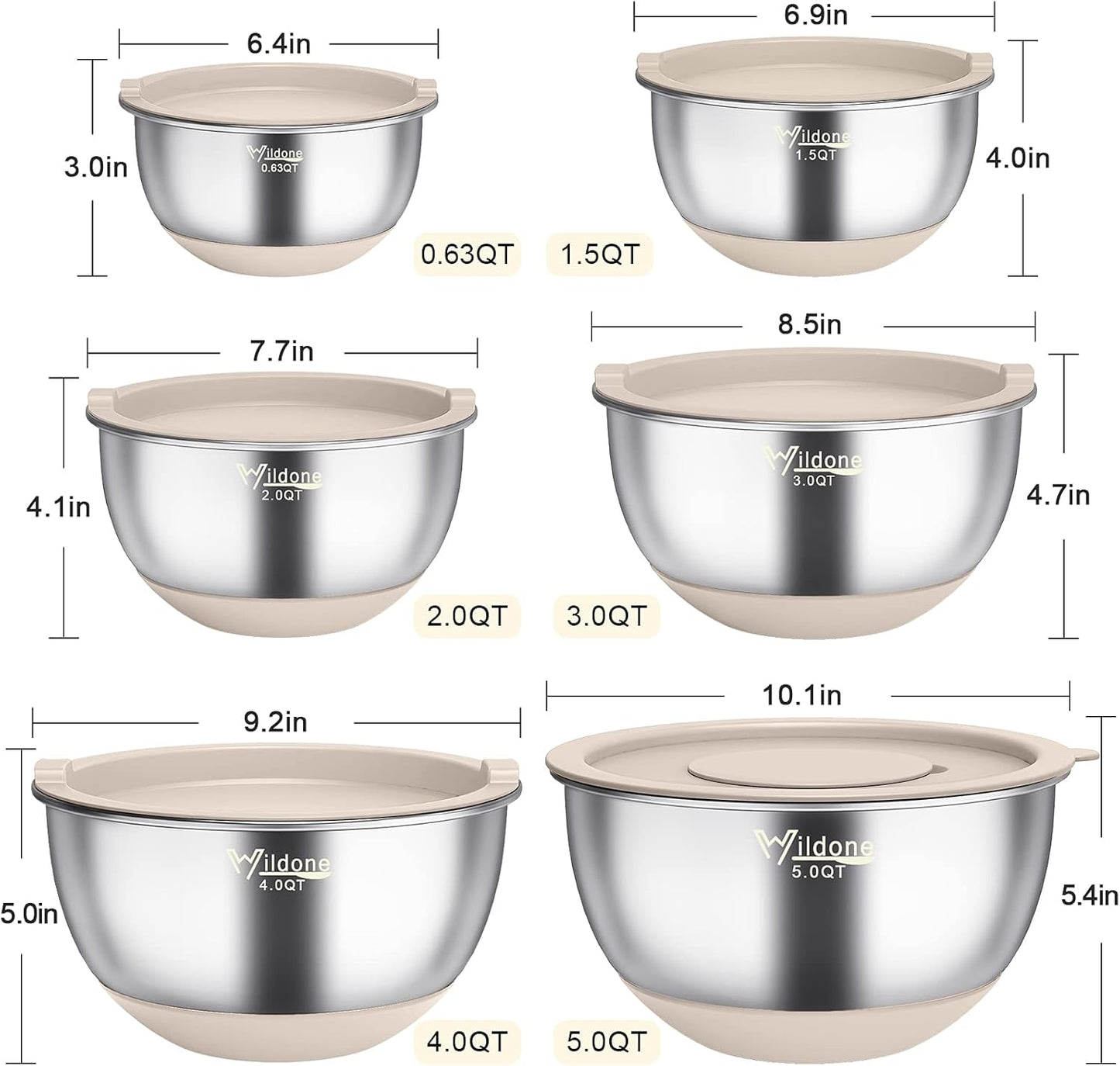 Mixing Bowls with Airtight Lids, Stainless Steel Mixing Bowls Set | Metal Bowls with 3 Grater Attachments & Non-Slip Bottoms, Size 5, 4, 3, 2,1.5, 0.63QT, Includes Utensil Set for Prep, Khaki