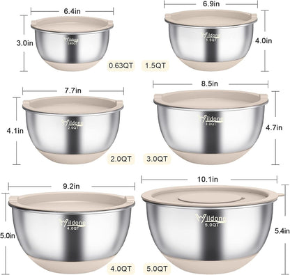 Mixing Bowls with Airtight Lids, Stainless Steel Mixing Bowls Set | Metal Bowls with 3 Grater Attachments & Non-Slip Bottoms, Size 5, 4, 3, 2,1.5, 0.63QT, Includes Utensil Set for Prep, Khaki