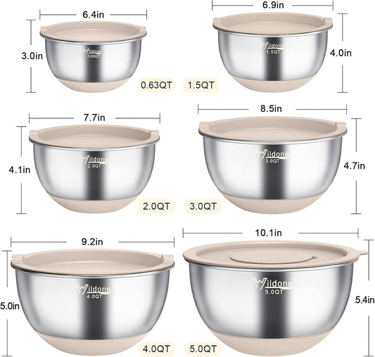 Mixing Bowls with Airtight Lids, Stainless Steel Mixing Bowls Set | Metal Bowls with 3 Grater Attachments & Non-Slip Bottoms, Size 5, 4, 3, 2,1.5, 0.63QT, Includes Utensil Set for Prep, Khaki