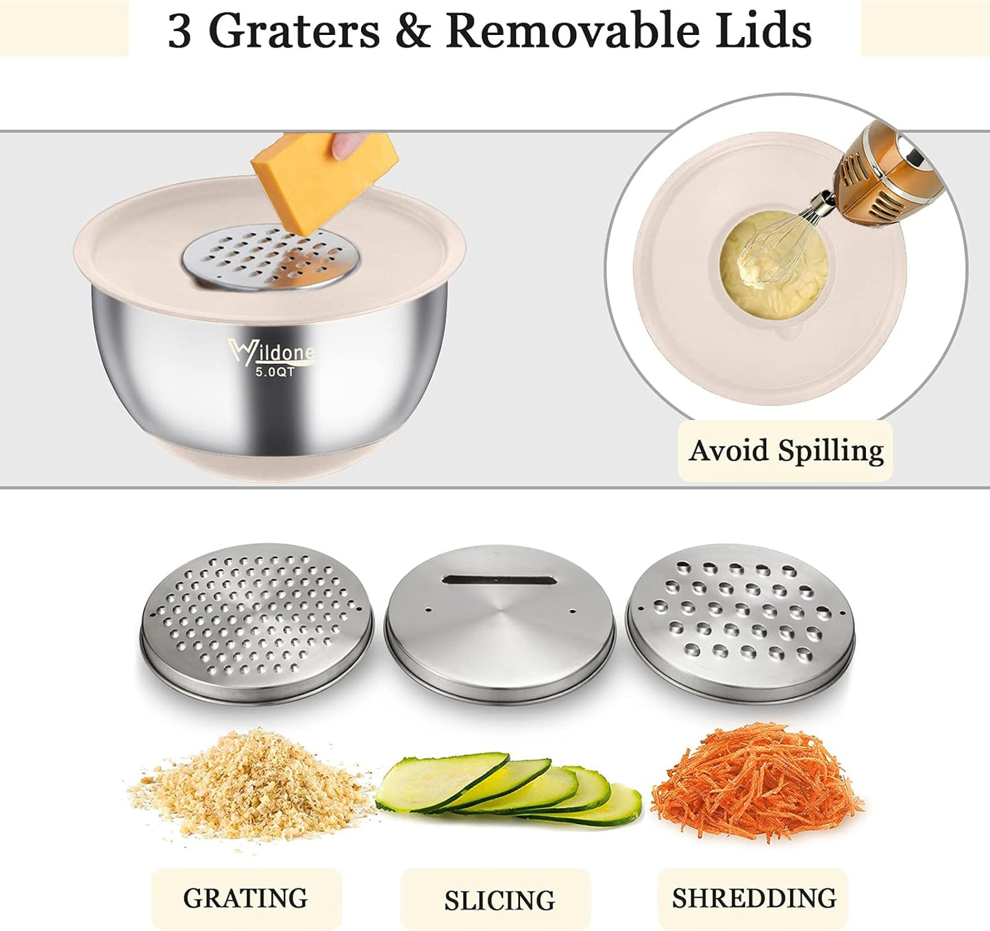 Mixing Bowls with Airtight Lids, Stainless Steel Mixing Bowls Set | Metal Bowls with 3 Grater Attachments & Non-Slip Bottoms, Size 5, 4, 3, 2,1.5, 0.63QT, Includes Utensil Set for Prep, Khaki