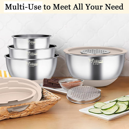 Mixing Bowls with Airtight Lids, Stainless Steel Mixing Bowls Set | Metal Bowls with 3 Grater Attachments & Non-Slip Bottoms, Size 5, 4, 3, 2,1.5, 0.63QT, Includes Utensil Set for Prep, Khaki