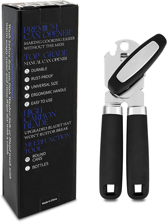 Heavy Duty Stainless Steel Smooth Edge 3-In-1 Multifunctional Manual Strong Can Bottle Opener – Soft-Grip Black