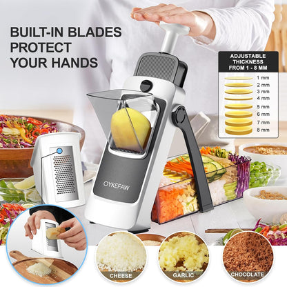 Safe Mandoline Slicer for Kitchen, 6 in 1 Vegetable Chopper, Potato Slicer | Safe Mandoline Slicer, French Fry Cutter For Potatoes, Potato Slicer, Food Chopper, Adjustable Thickness 0.1-8 mm with Brush