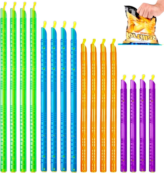 16pc - Magic Bag Sealer Sticks, Reusable Plastic Food Storage Clips in 4 Sizes, Multi-Color Airtight Watertight Closures for Snacks, Chips, Pantry Organization