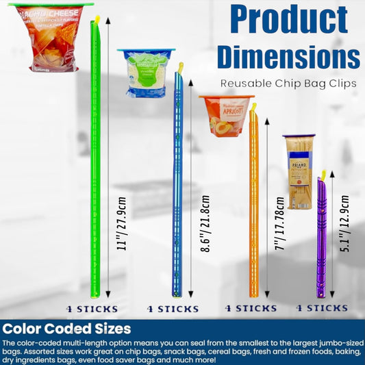 16pc - Magic Bag Sealer Sticks, Reusable Plastic Food Storage Clips in 4 Sizes, Multi-Color Airtight Watertight Closures for Snacks, Chips, Pantry Organization