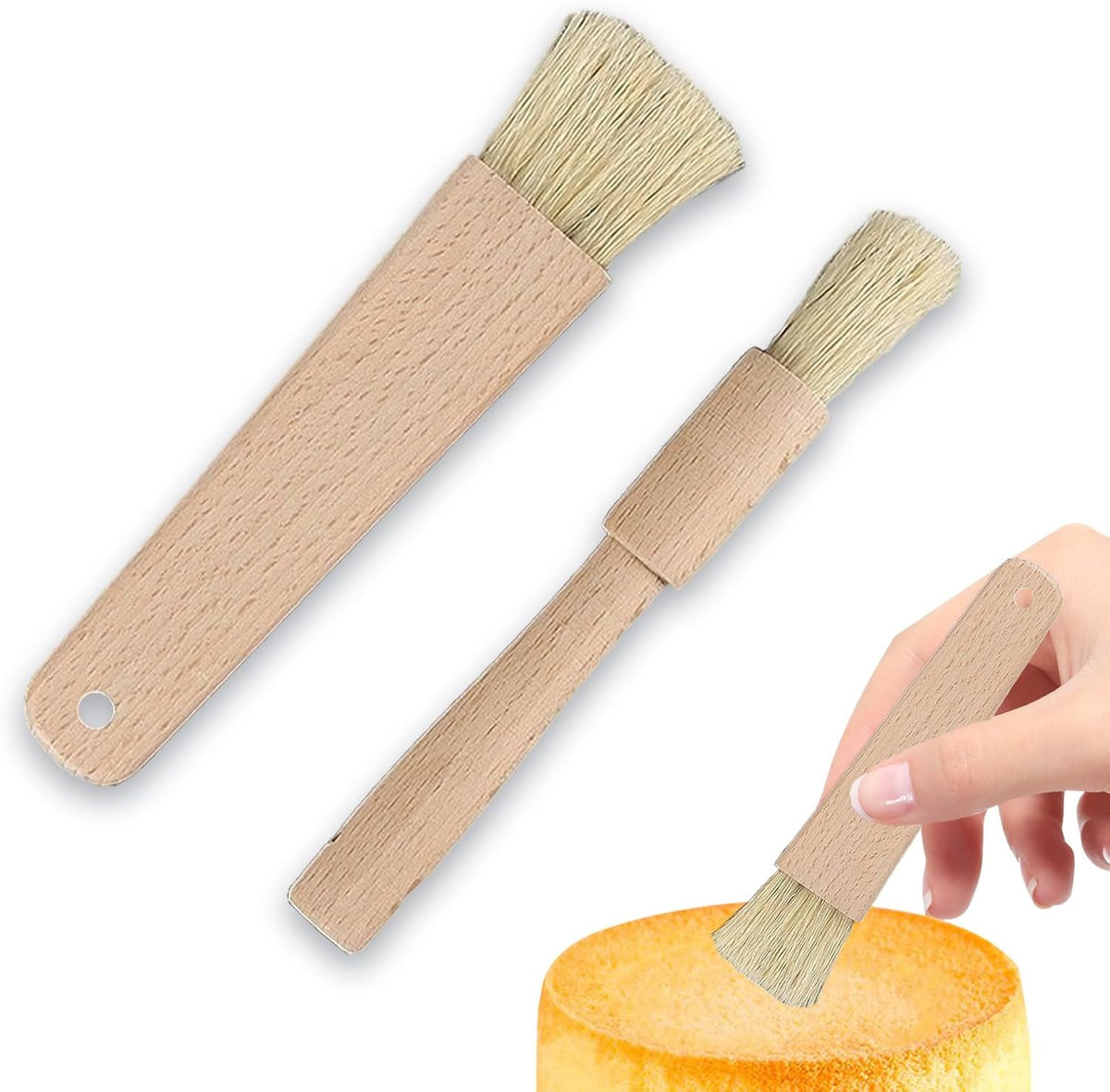 2 Pcs Pastry Brush for Baking Bread with Natural Wood and Bristles Cooking Brushes Food Brushes Round and Flat Dishwasher Safe Good Grips Bread Cake Chocolate Durable Kitchen Culinary Utensil